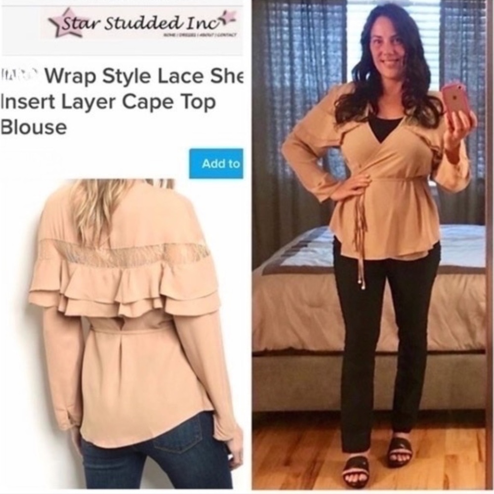 Wrap Style Lace Sheer Insert Layer Cape Top Blouse